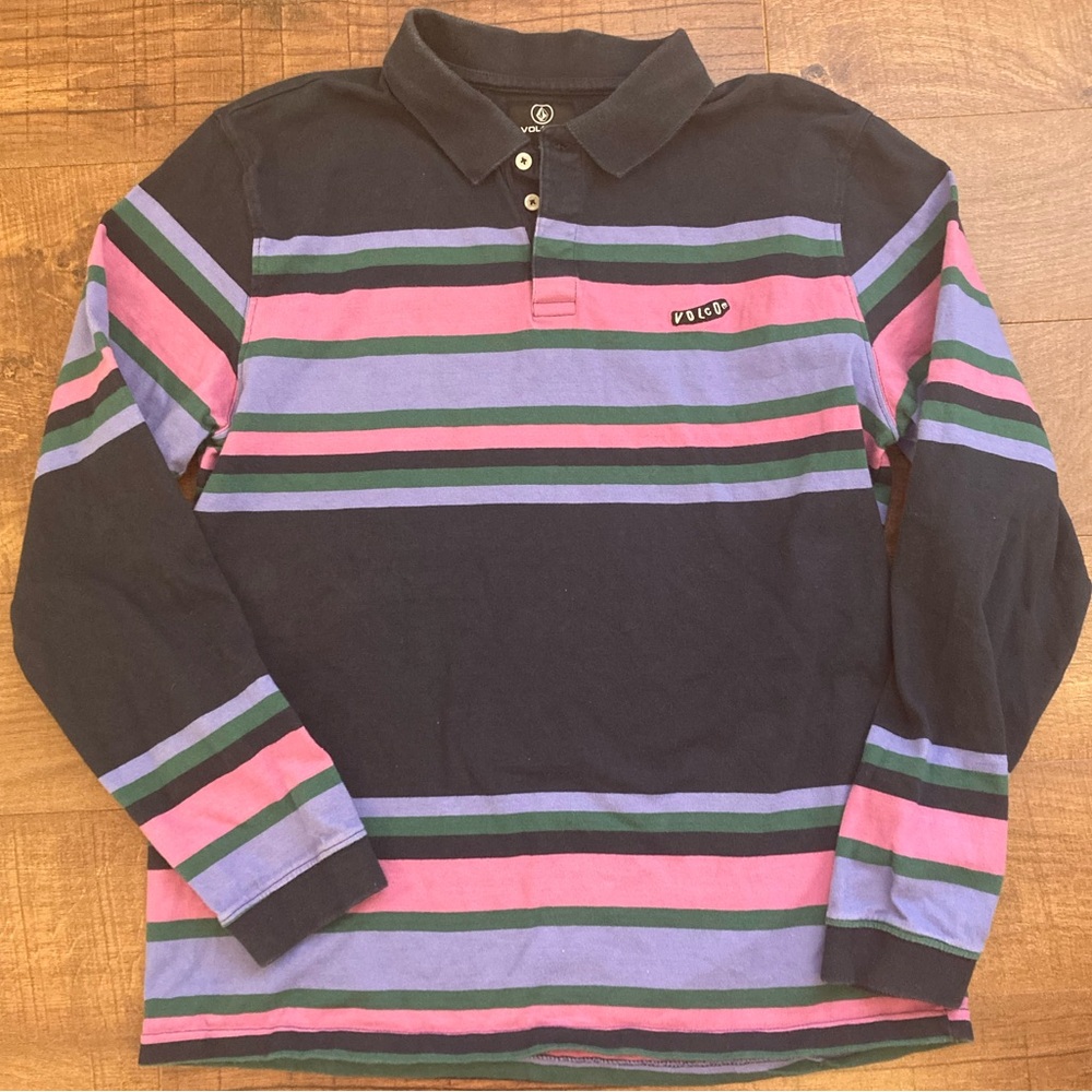 VOLCOM Sumpter Long Sleeve Polo Shirt Casual Cool Stripes 100% Cotton Men’s L